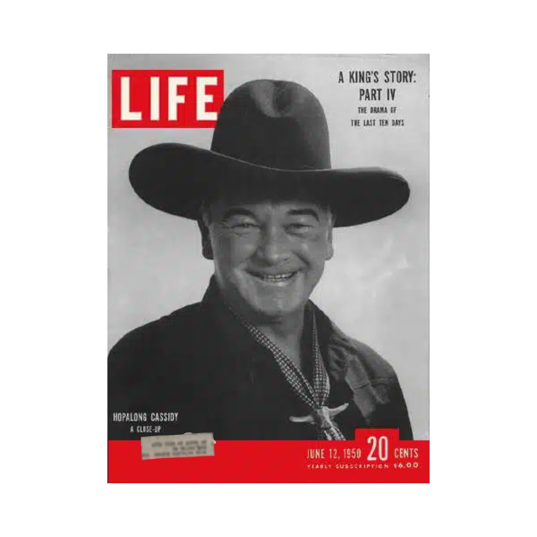 VTG Life Magazine June 12, 1950 featuring Hopalong Cassidy on the cover, showcasing a vintage design with bold red lettering and a close-up portrait of the actor in a cowboy hat.
