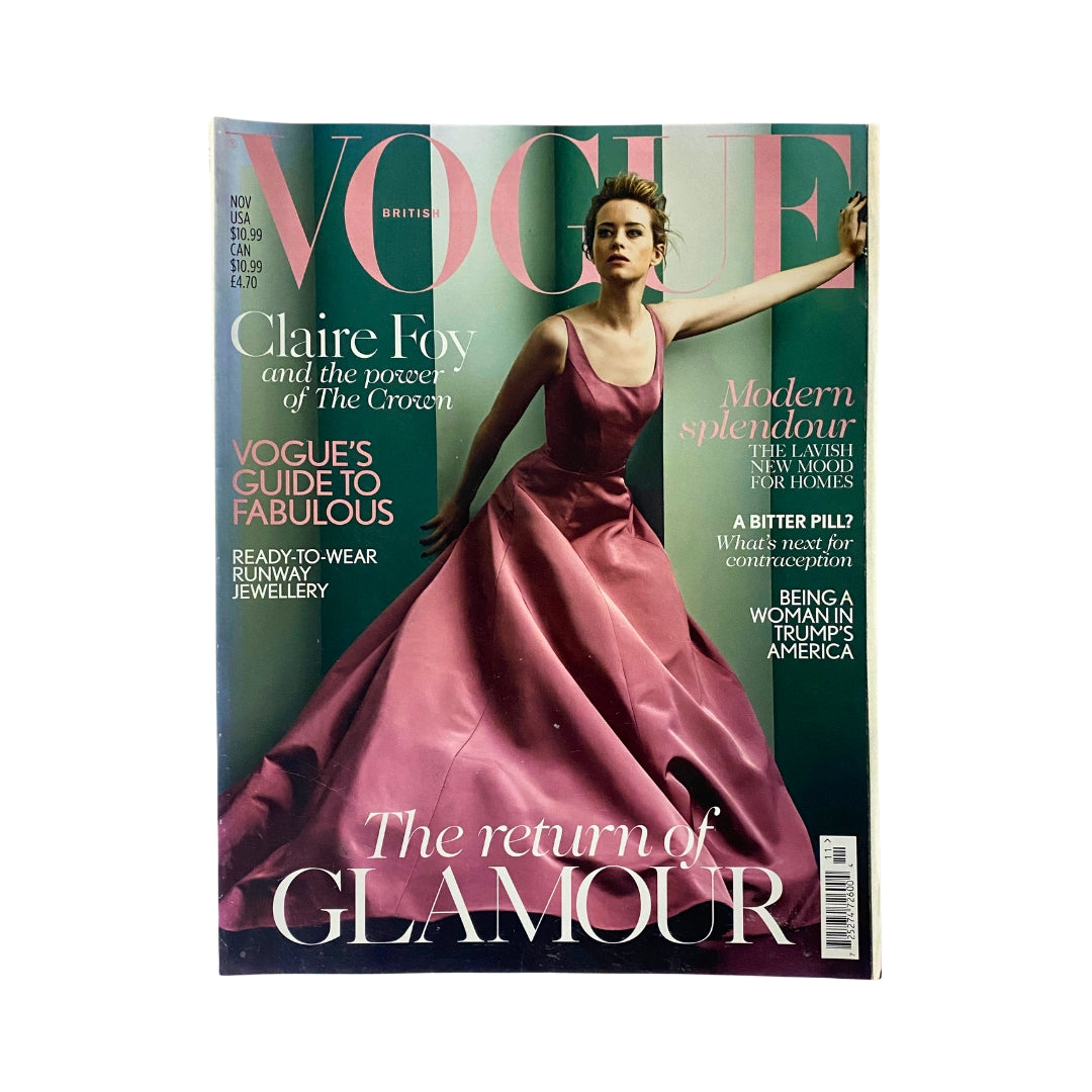 Cover of Vogue UK Magazine November 2017 featuring Claire Foy in a pink gown, with text highlighting the return of glamour, modern splendour, and Vogue's guide to fabulous.