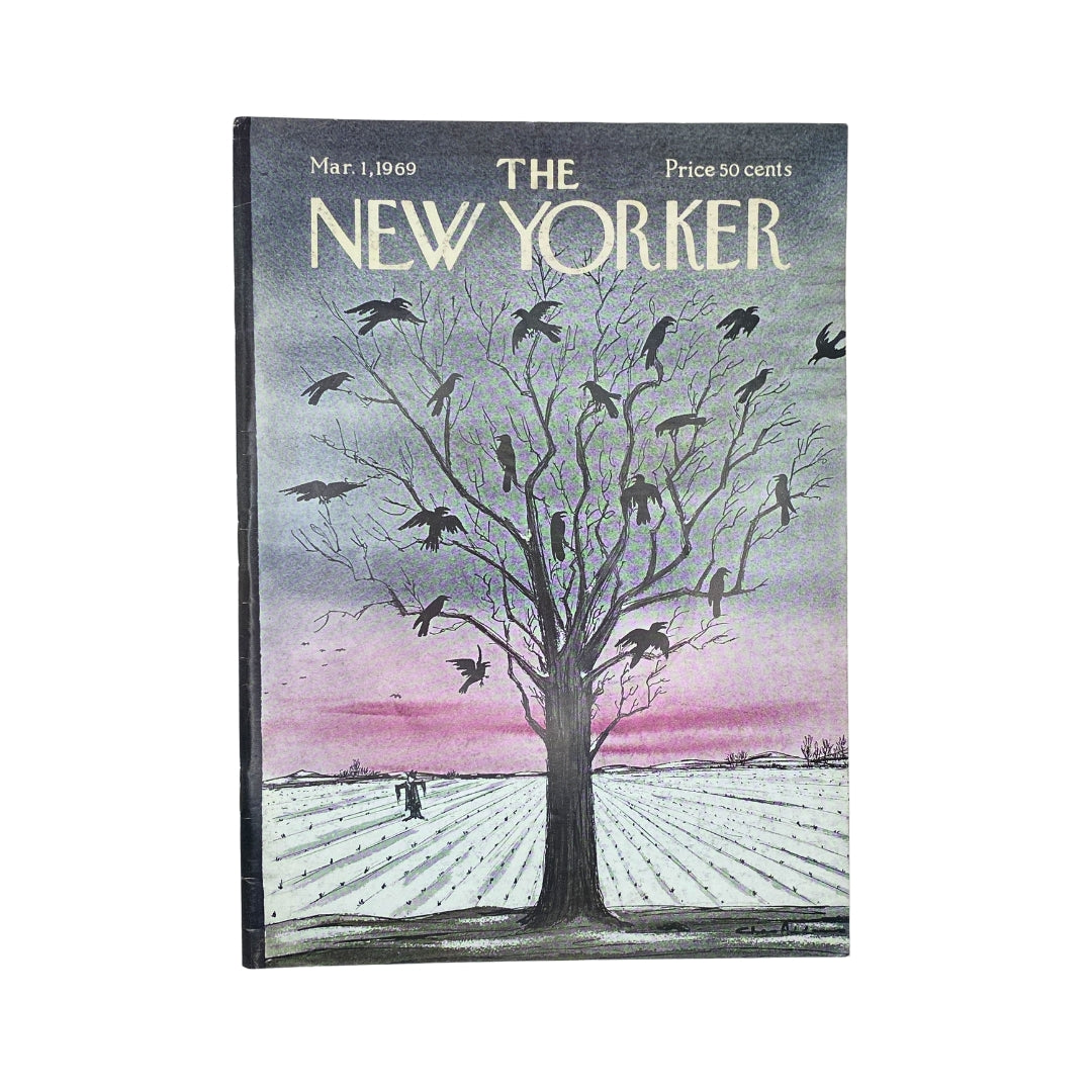 Cover of The New Yorker Complete Magazine March 1, 1969 featuring a Chas Addams illustration of a tree with birds and a landscape background, priced at 50 cents.