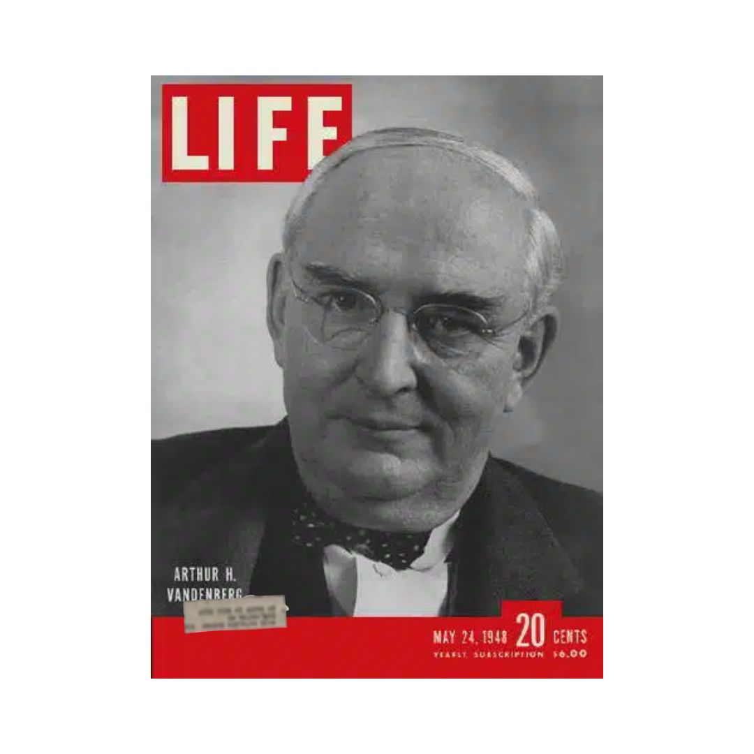 Cover of VTG Life Magazine dated May 24, 1948 featuring Senator Arthur Vandenberg with a distinctive red and white design, highlighting key details such as the issue date and price.