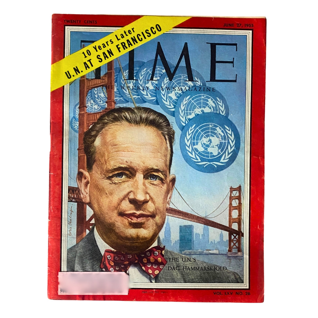 VTG Time Magazine June 27, 1955 Vol 65 No. 26 featuring the U.N.'s Dag Hammarskjöld with a cover illustration of him and the Golden Gate Bridge.