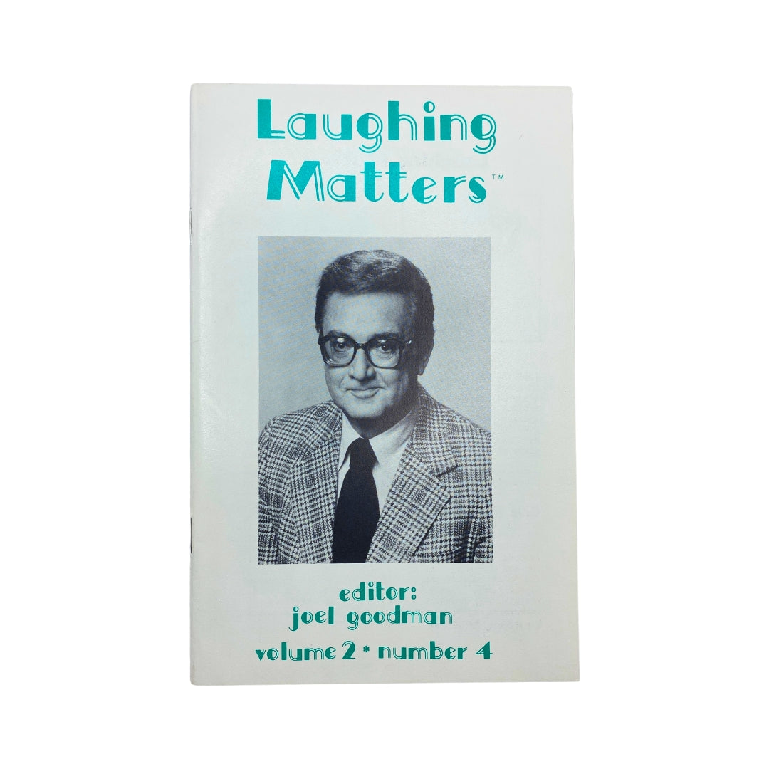 Cover of Laughing Matters Volume 2 Number 4 featuring an image of editor Joel Goodman in a plaid suit with glasses, emphasizing humor and comedy.