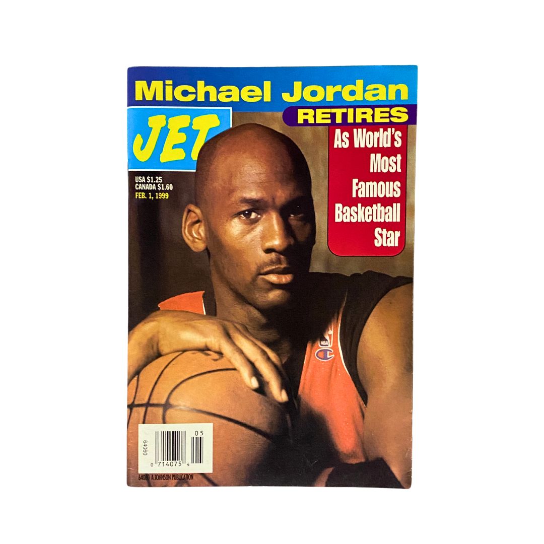 Cover of Jet Magazine, February 1, 1999, Vol 95 No. 9, featuring Michael Jordan, announcing his retirement as the world's most famous basketball star.