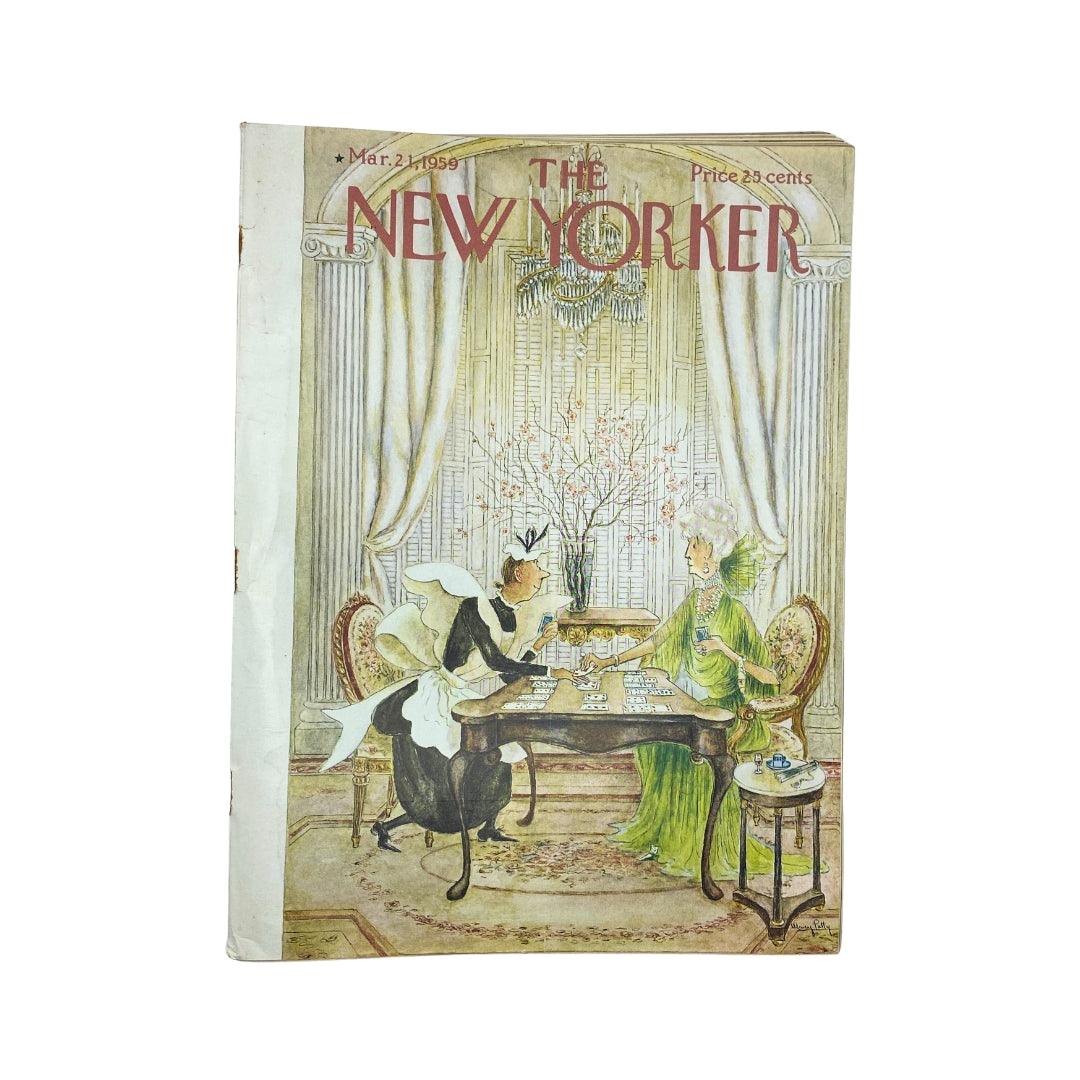 The New Yorker Complete Magazine March 21, 1959 featuring a cover illustration by Mary Petty, depicting a conversation between a maid and a woman in an elegant setting.
