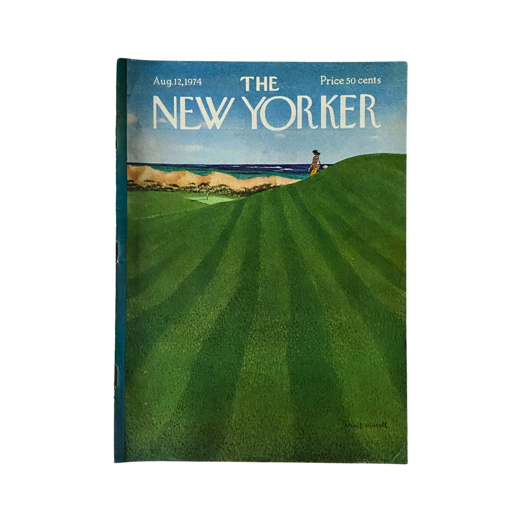 Cover of The New Yorker Complete Magazine from August 12, 1974, featuring artwork by Albert Hubbell, showcasing a scenic landscape with stripes of green grass and the ocean in the background.