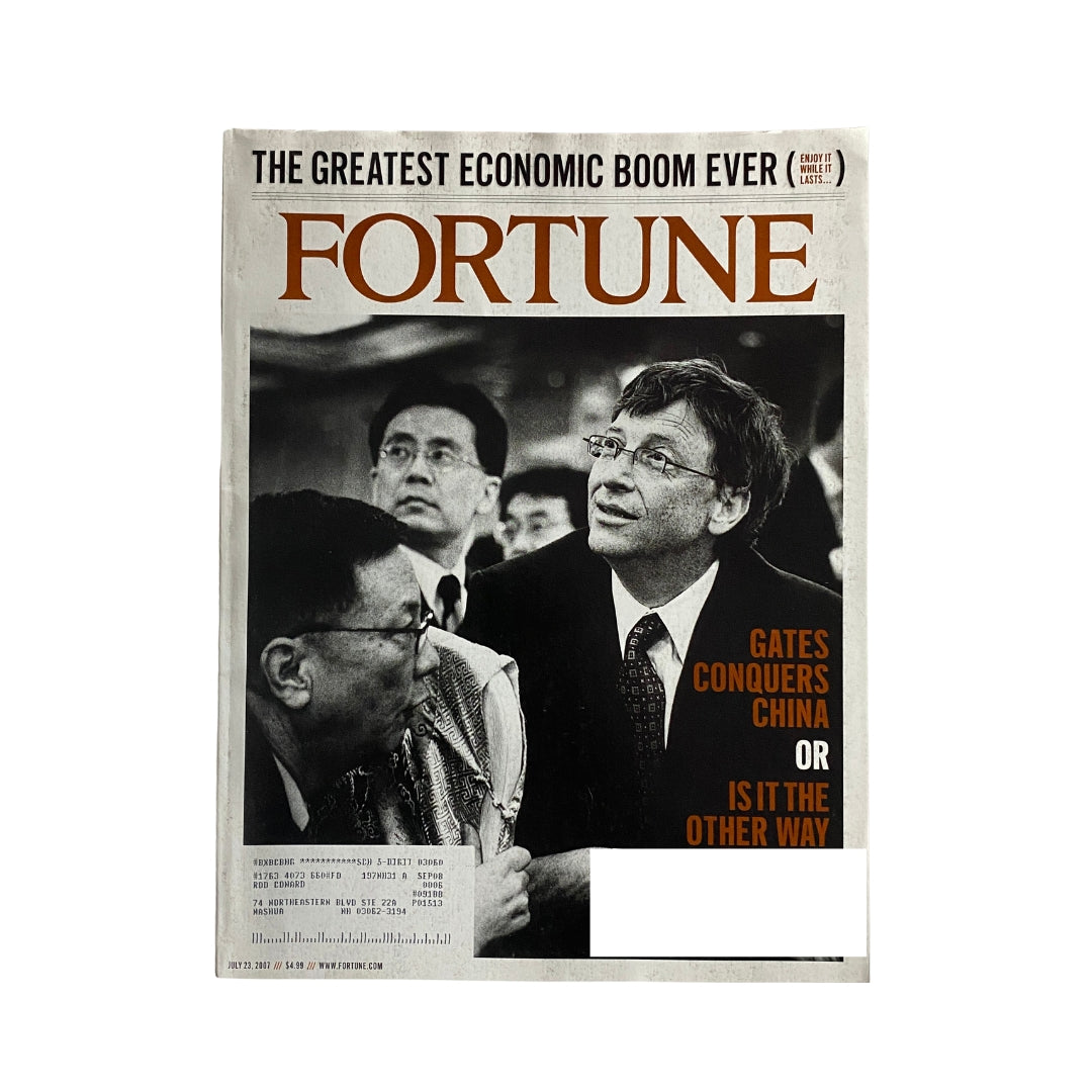 Fortune Magazine July 23, 2007 cover featuring Bill Gates, with the headline 'Gates Conquers China or Is It the Other Way?' highlighting his influence in the economic boom.