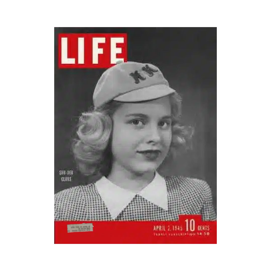 Cover of VTG Life Magazine April 2, 1945 featuring Sub-Deb Clubs, showcasing a young girl in a stylish hat and checkered outfit, capturing the essence of 1940s American culture.