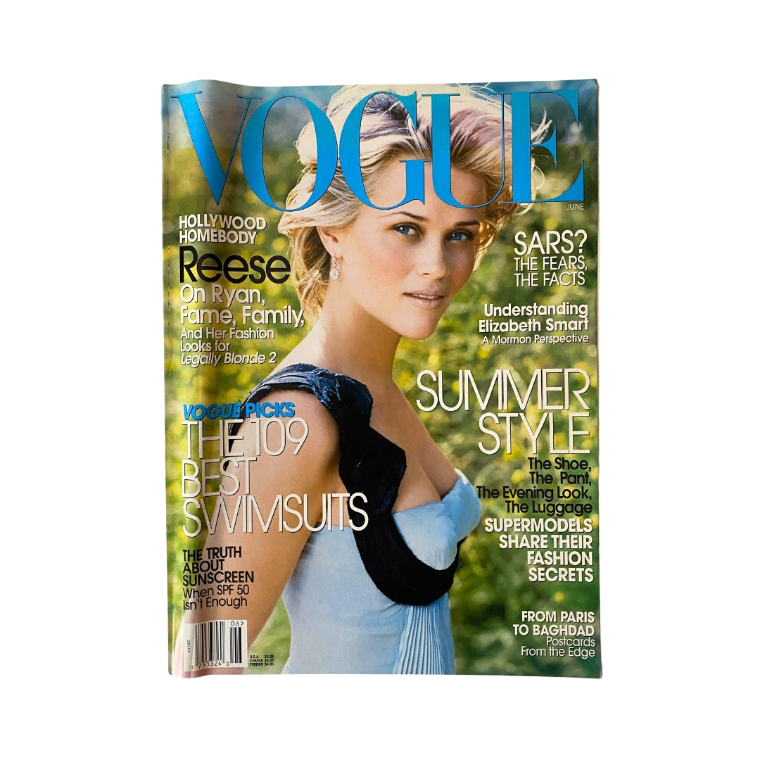 Vogue Magazine June 2003 cover featuring Reese Witherspoon, highlighting her role in Legally Blonde 2 and summer style trends.