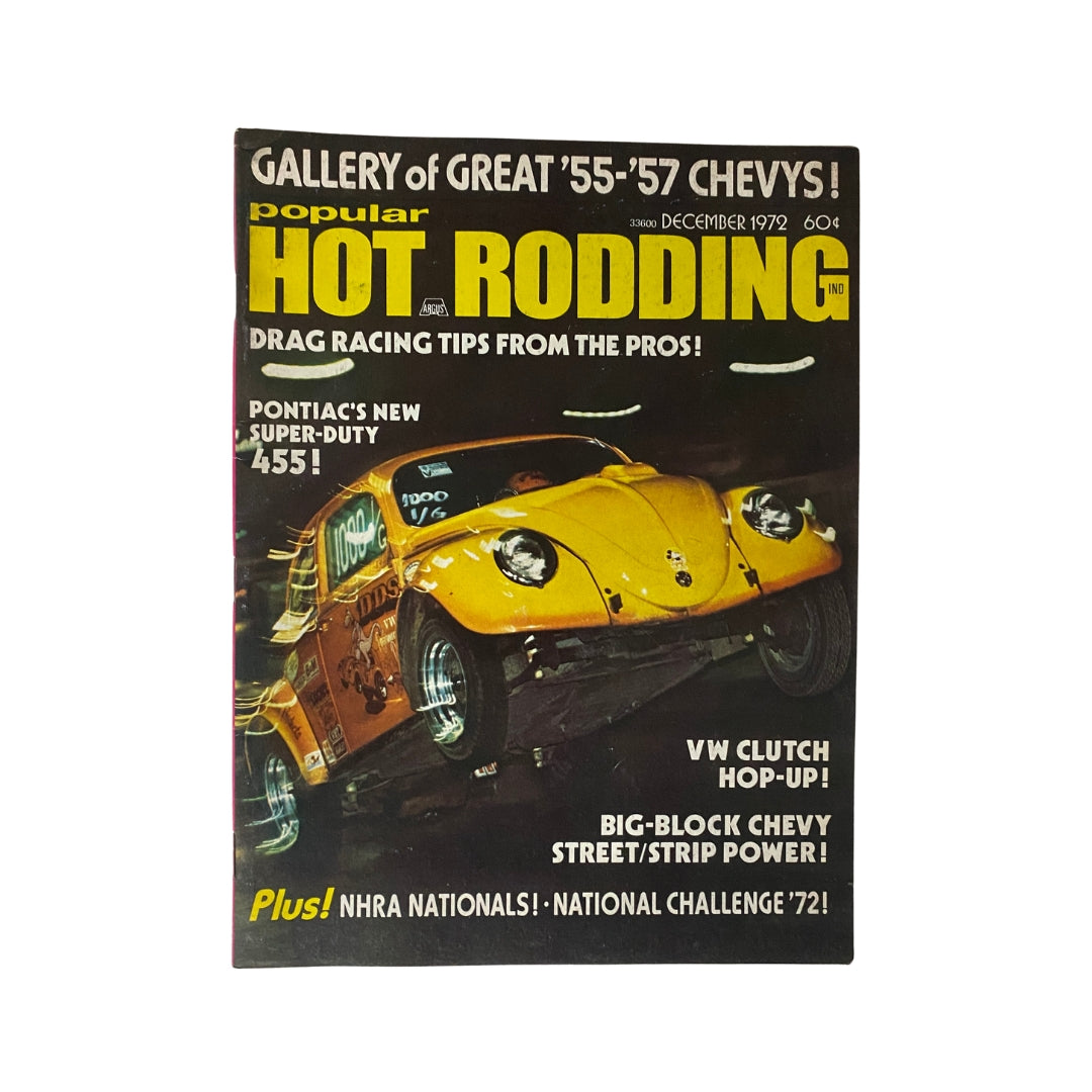 Cover of Popular Hot Rodding Magazine, December 1972, featuring Pontiac's New Super-Duty 455 with a classic drag racing theme.