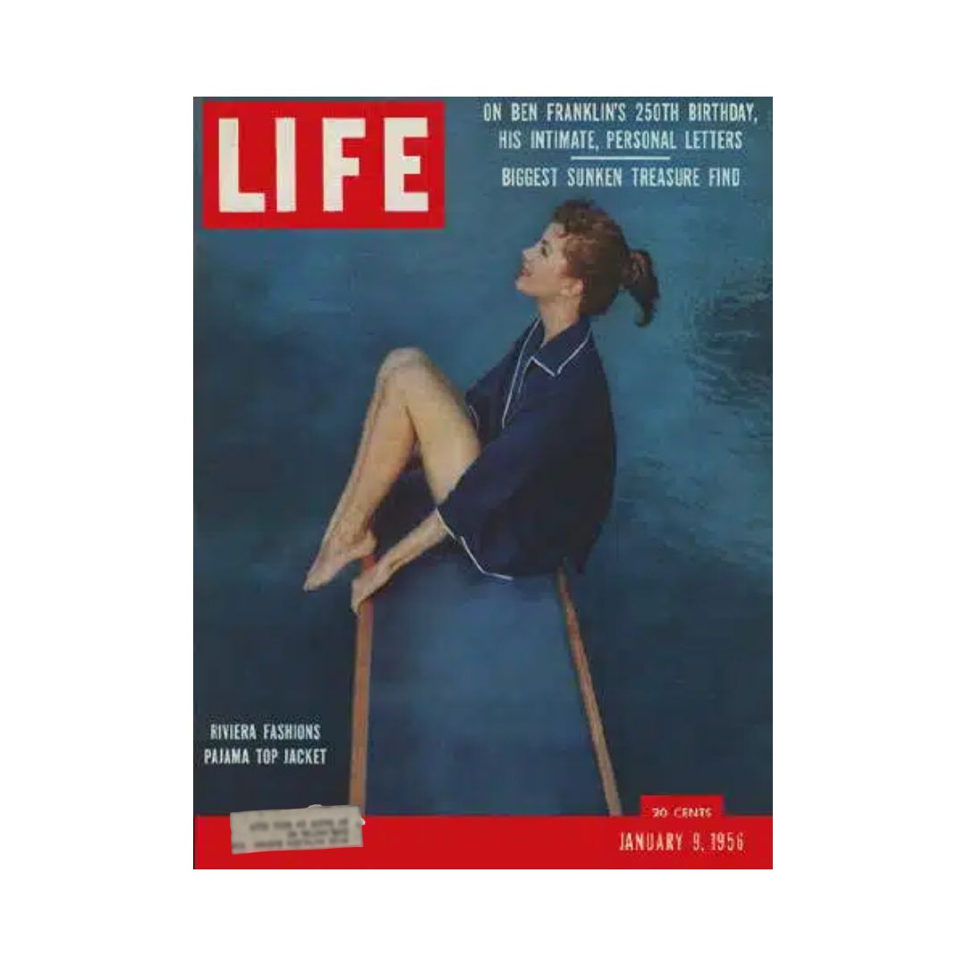 Vintage Life Magazine cover from January 9, 1956 featuring Riviera Fashion Pajama Top Jacket, highlighting a model seated, showcasing mid-20th century fashion and culture.