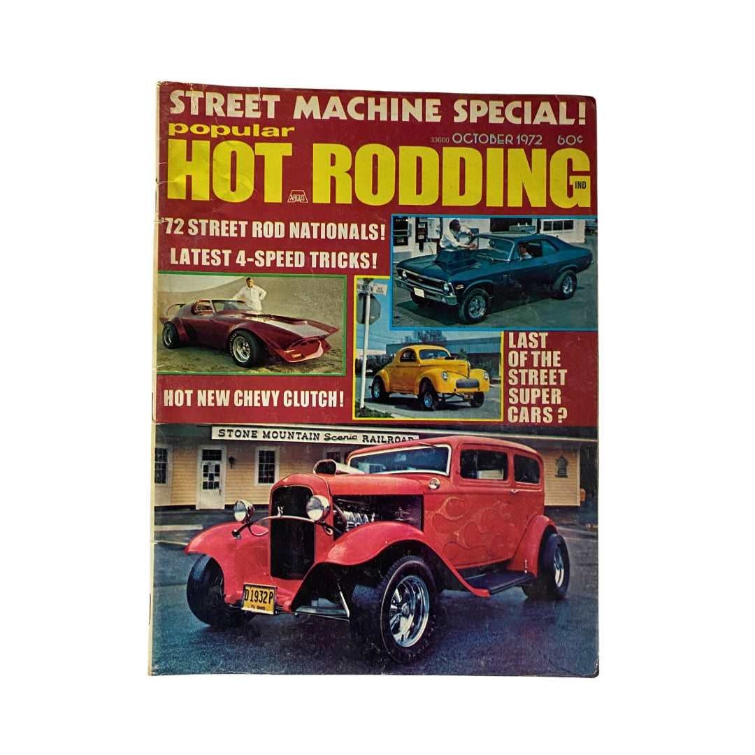 Popular Hot Rodding Magazine Cover - October 1972 featuring street rods, drag racing insights, and 1972 Street Rod Nationals highlights.