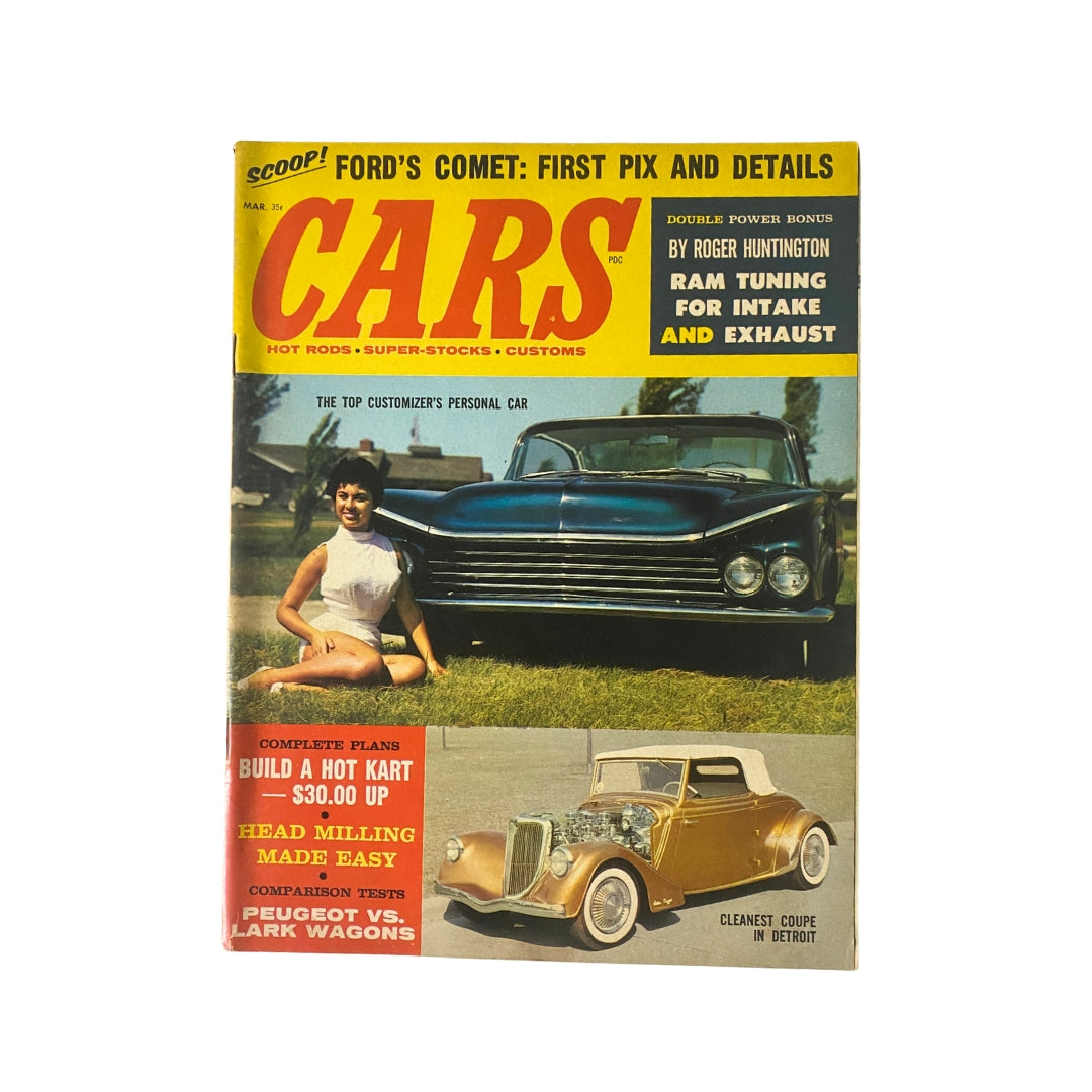 Cover of VTG Cars Magazine, March 1960, featuring 'The Top Customizer's Personal Car', showcasing a classic car with a woman in a vintage outfit, highlighting the automotive culture of the 1960s.