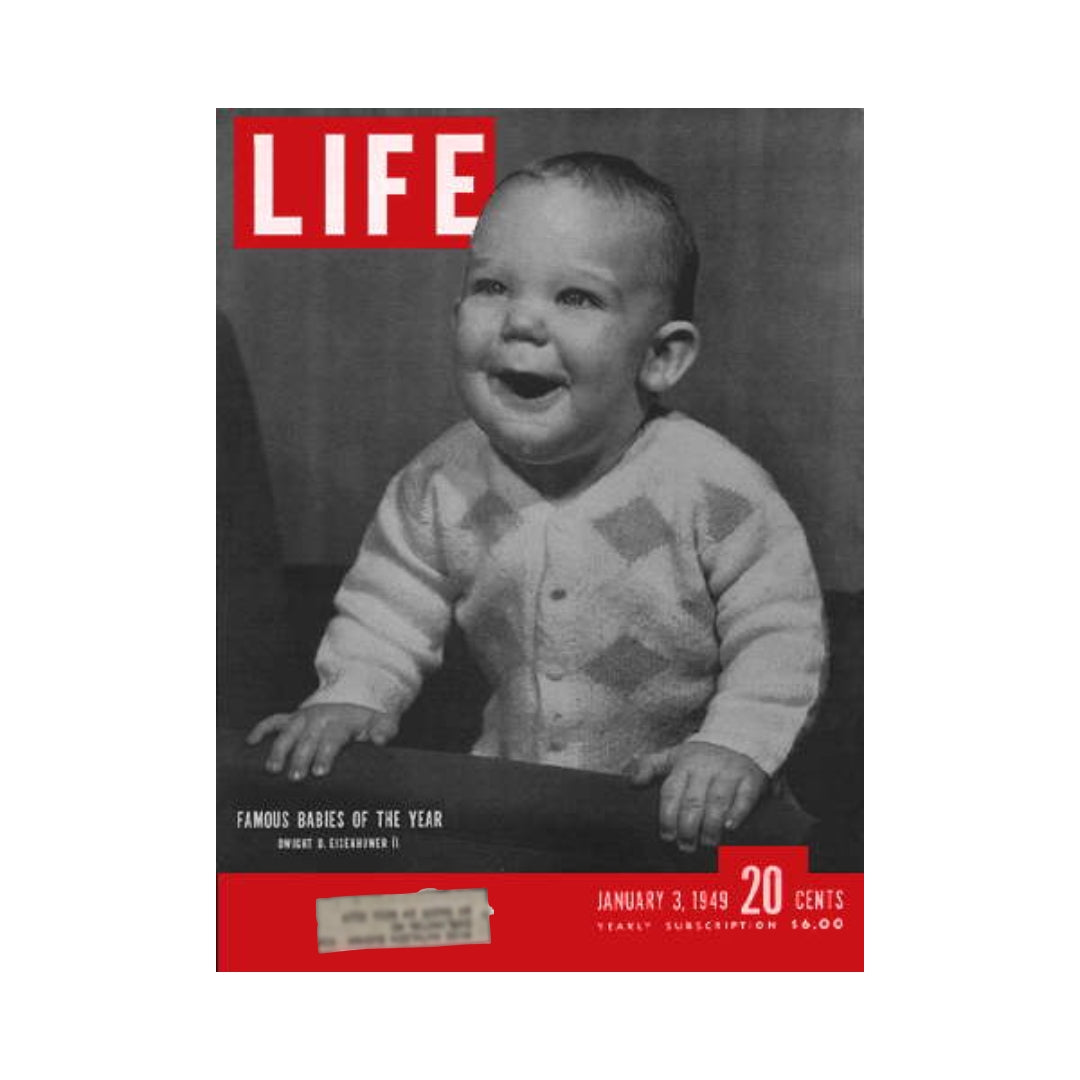 Vintage Life Magazine cover from January 3, 1949, featuring Dwight D. Eisenhower II, showcasing titled 'Famous Babies of the Year.' The magazine is priced at 20 cents and highlights the publication's historical significance.