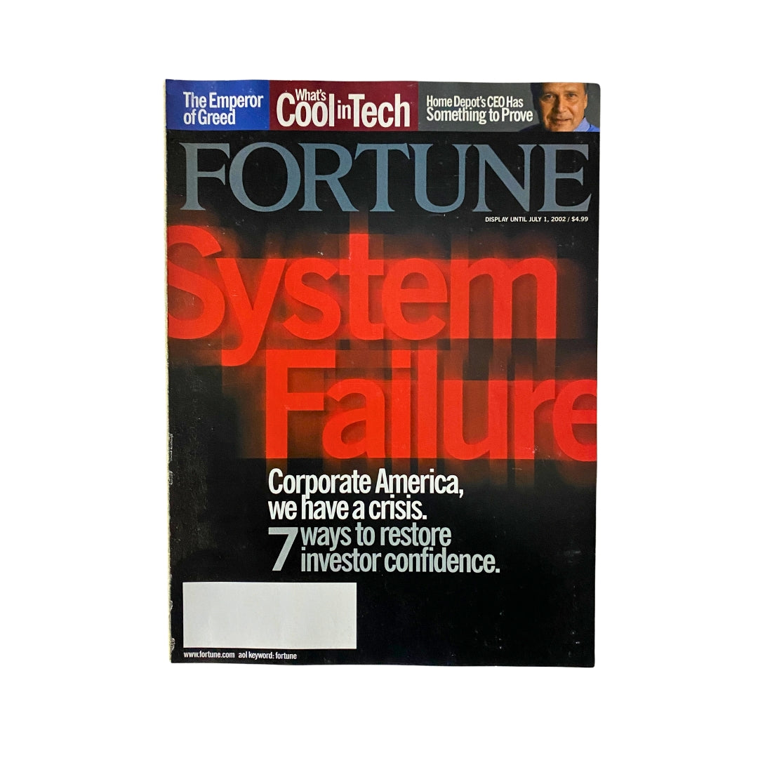 Cover of Fortune Magazine dated July 1, 2002, featuring the title 'System Failure: Corporate America' and highlighting a crisis with a focus on restoring investor confidence.