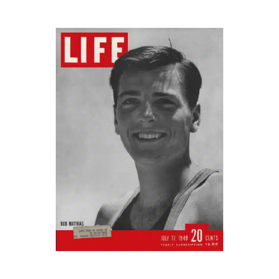 Vintage Life Magazine cover from July 11, 1949 featuring Olympian Bob Mathias, gold medalist in decathlon at the London Olympics, showcasing sports history and post-war America.