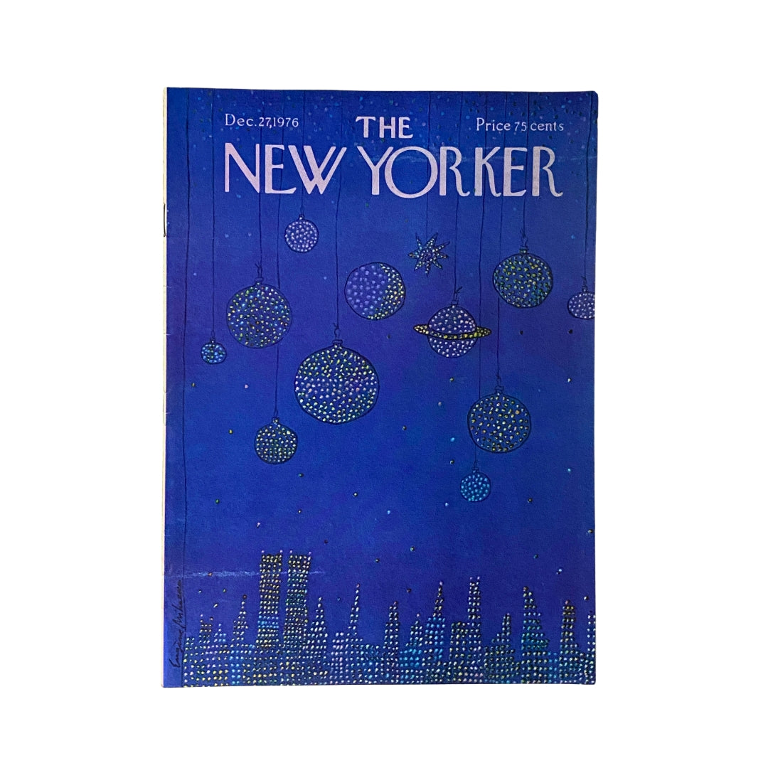 Cover of The New Yorker Complete Magazine December 27, 1976, featuring a festive blue design with hanging ornaments by Eugene Mihaesco.