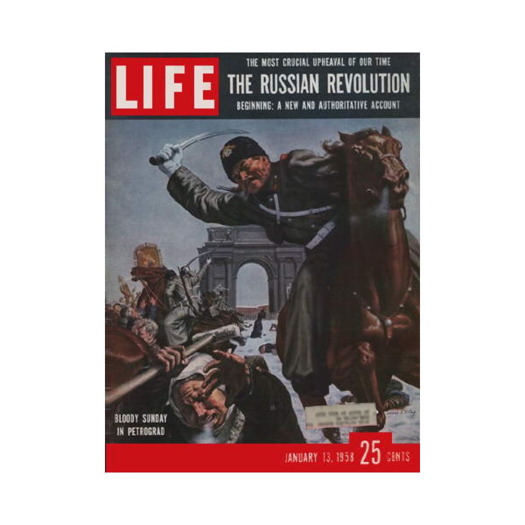 Cover of Life Magazine, January 13, 1958, featuring a depiction of the Russian Revolution's Bloody Sunday in Petrograd, showcasing dramatic scenes of conflict and historical significance.