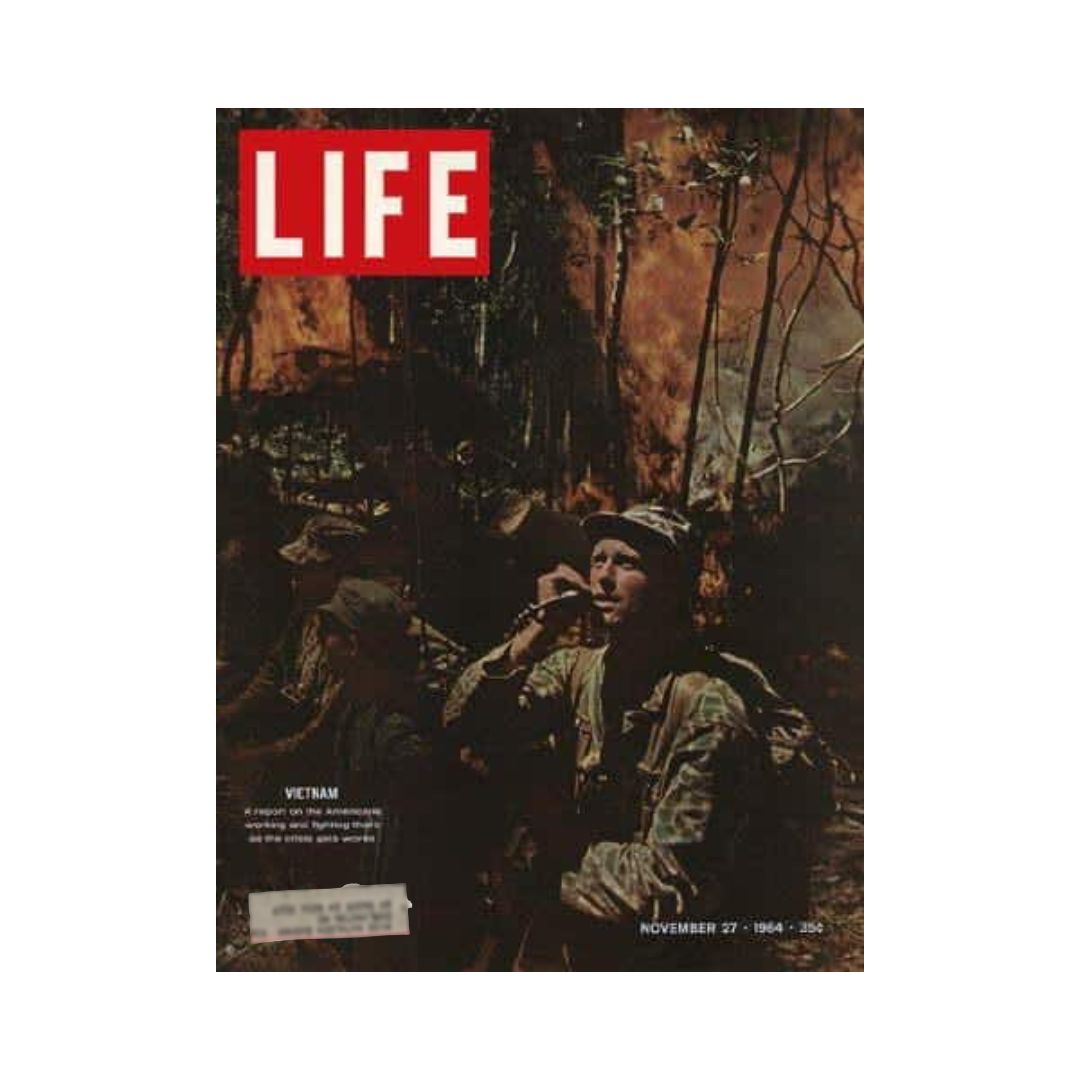 Vintage Life Magazine cover from November 27, 1964, showcasing an American soldier in the Vietnam jungle, encapsulating the intense atmosphere and experiences of troops during the Vietnam War.