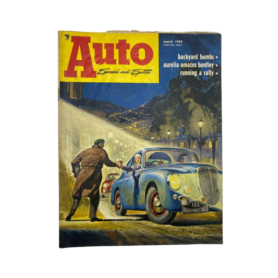Cover of VTG Auto Speed and Sport Magazine March 1952 featuring the title in bold with an illustration of a blue vintage car and a nighttime street scene. Highlights include 'Backyard Bombs', 'Aurelia Amazes Bentley', and 'Running a Rally.'