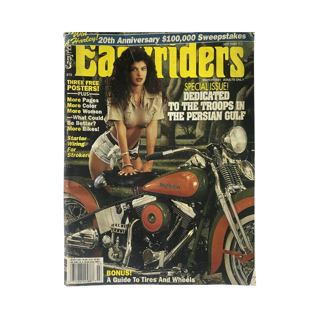 Cover of Easyriders Magazine March 1991 featuring motorcycle and model, with a focus on starter wiring for strokers.