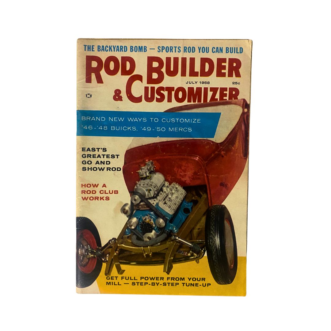 Cover of VTG Rod Builder & Customizer Magazine July 1958 showcasing a custom rod with a unique design, including details about customizing classic cars like 46-48 Buicks and 49-50 Mercs.
