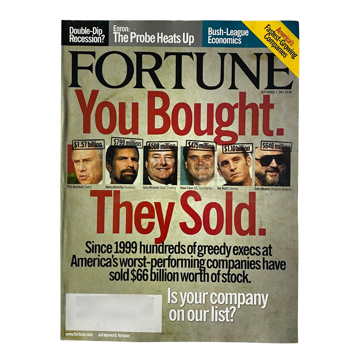 Cover of Fortune Magazine from September 2, 2002 featuring the title 'You Bought. They Sold.' This edition discusses the actions of corporate executives selling stock during economic downturns, with images of influential figures and insights into financial scandals.