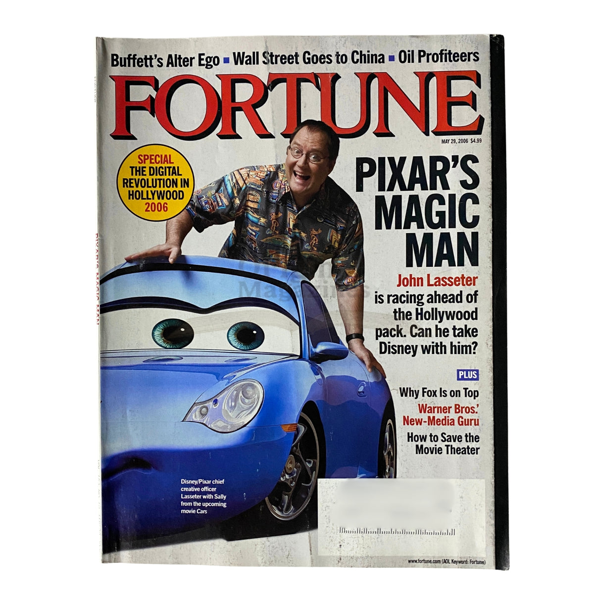 Cover of Fortune Magazine dated May 29, 2006 featuring John Lasseter, Pixar's Magic Man, showcasing an image of him next to a blue car. The cover highlights topics like Pixar's success and Hollywood's evolution.