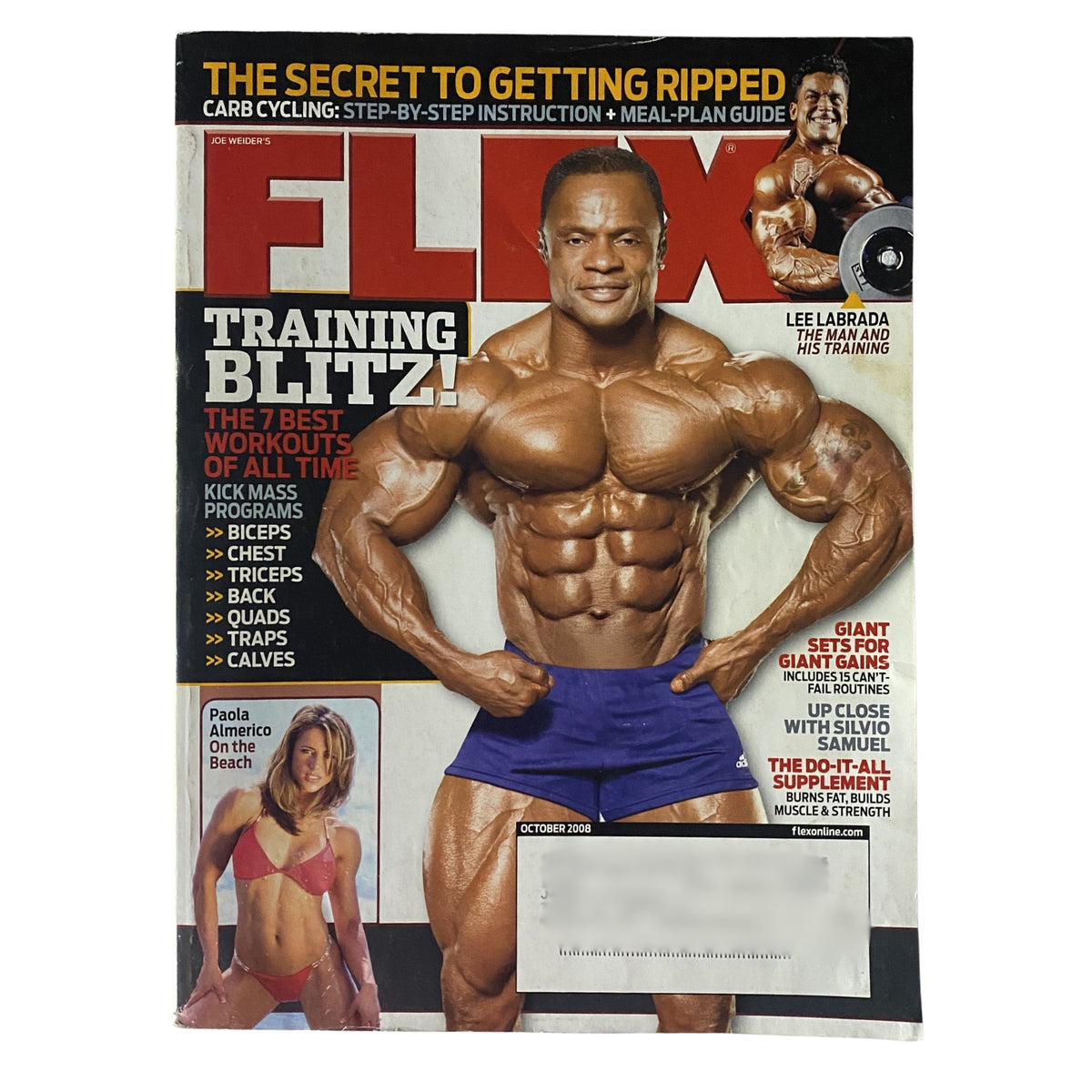 Cover of Flex Magazine October 2008, Volume 26, Number 8 featuring Silvio Samuel and Lee Labrada showcasing bodybuilding techniques and fitness tips.