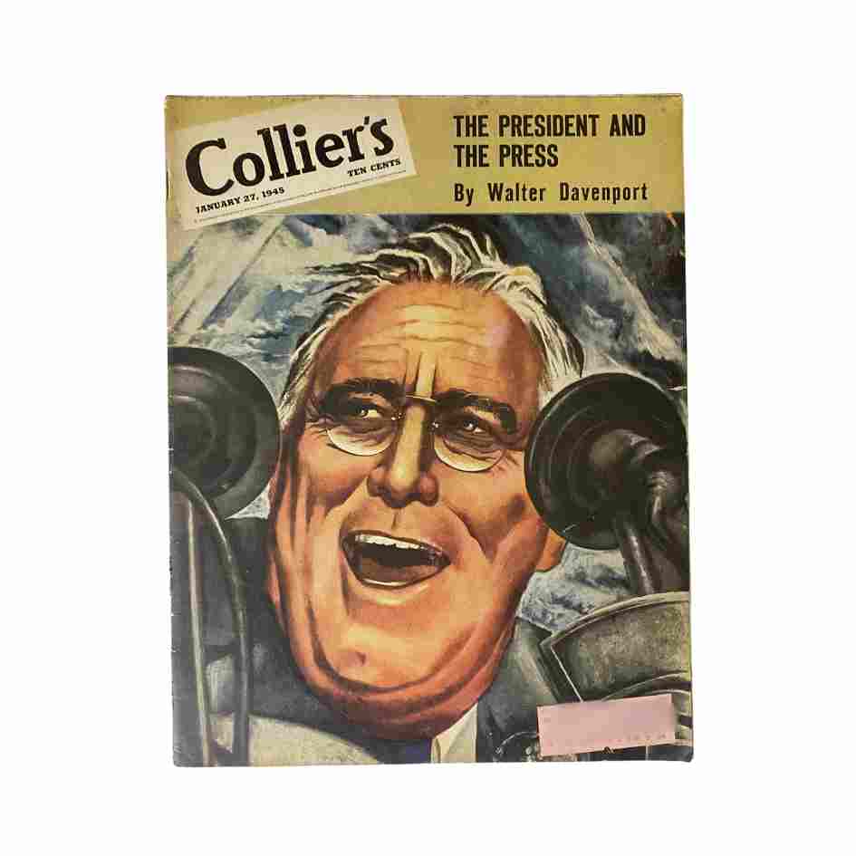 Vintage Collier's Magazine from January 27, 1945 featuring the cover story 'The President and The Press' by Walter Davenport, showcasing a stylized illustration of President Franklin D. Roosevelt.