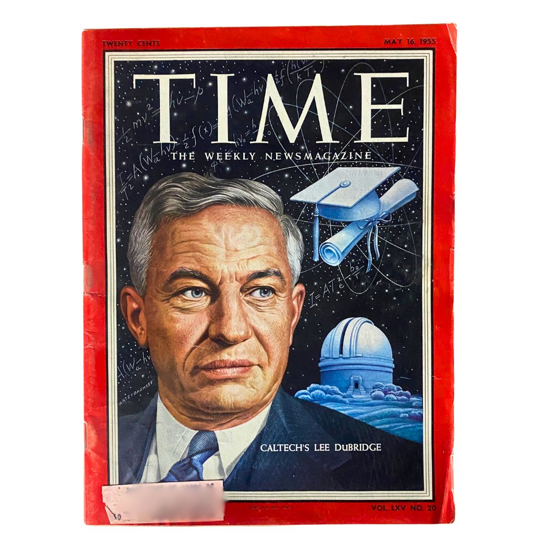 Cover of VTG Time Magazine May 16, 1955 Vol 65 No. 20 featuring Caltech's Lee Dubridge, showcasing a portrait accompanied by scientific imagery related to innovation and technology.