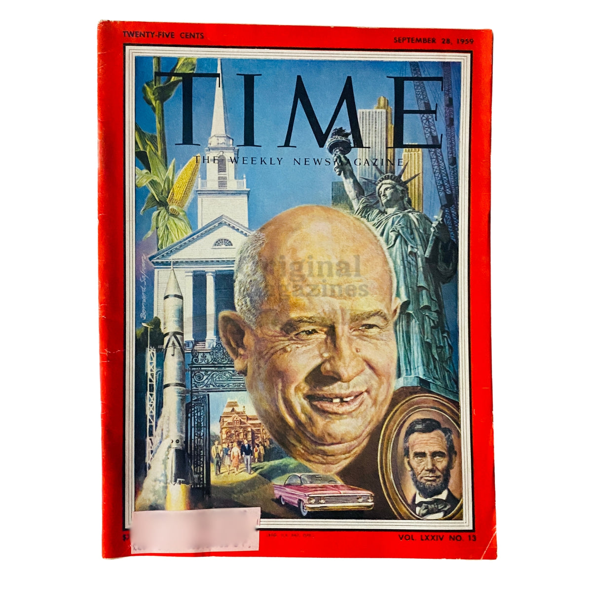 Time Magazine September 28, 1959 featuring a portrait of Nikita Khrushchev on the cover. Volume 74, Number 13 encapsulating the cultural and political climate of the Cold War era.
