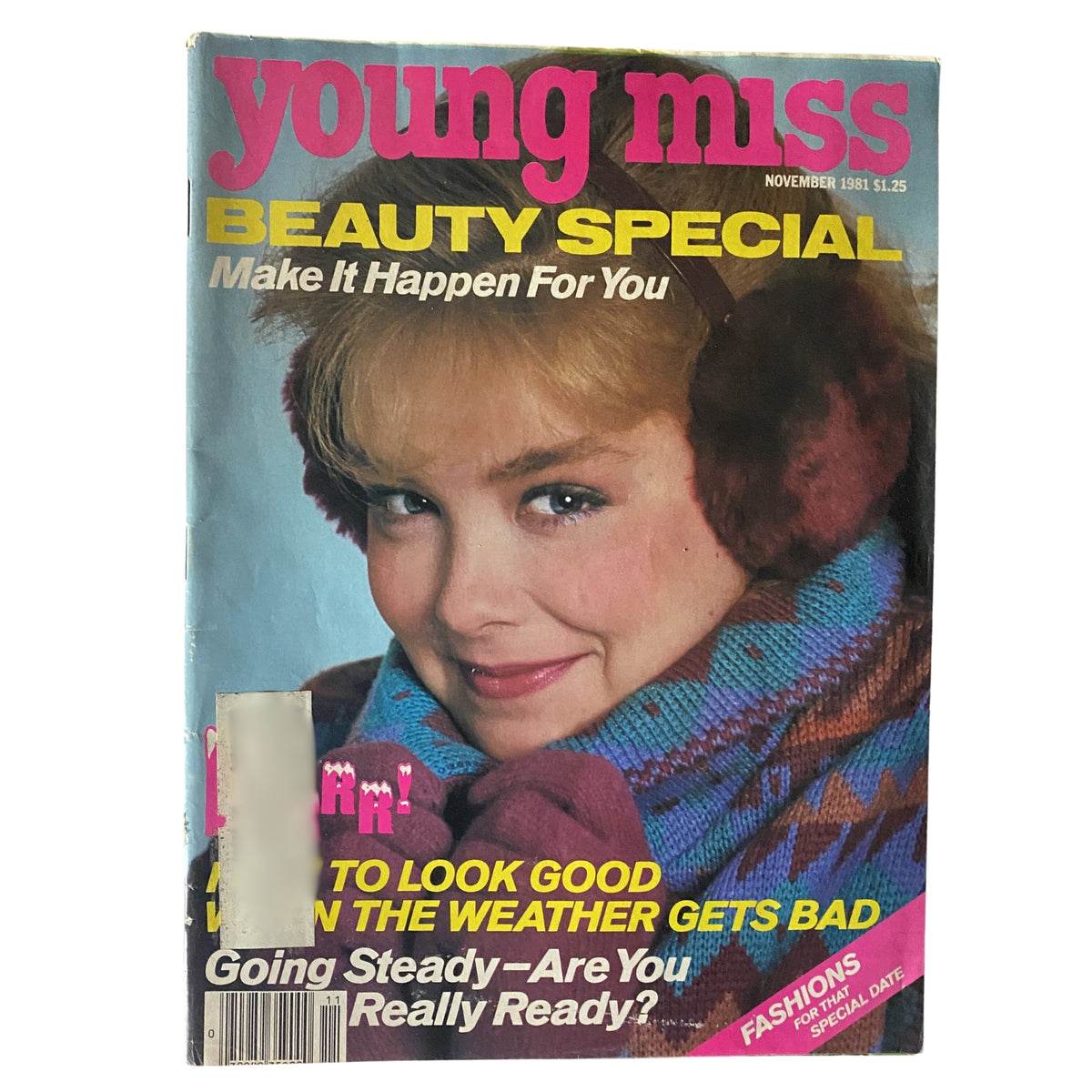 Cover of Young Miss Magazine, November 1981 featuring a beauty special theme, showcasing a young woman with a cute hairstyle and winter accessories, promoting beauty tips and fashion advice.