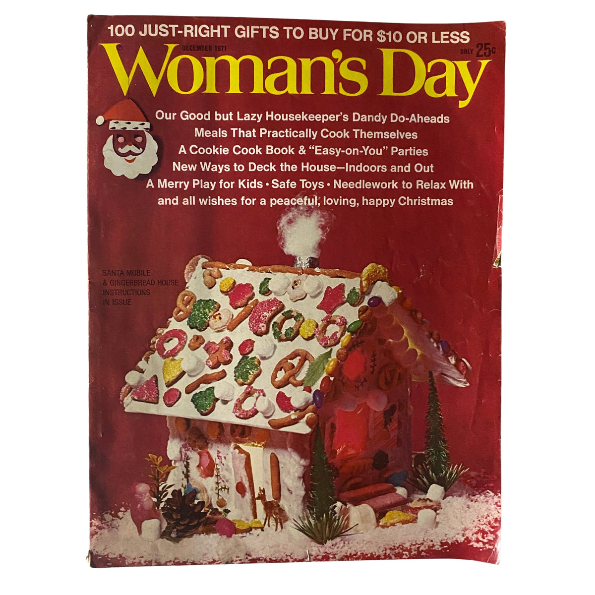 Cover of Woman's Day Magazine December 1971 featuring festive Santa Mobile and Gingerbread House. The magazine showcases holiday crafts and family-oriented activities, capturing the essence of 1970s homemaking.