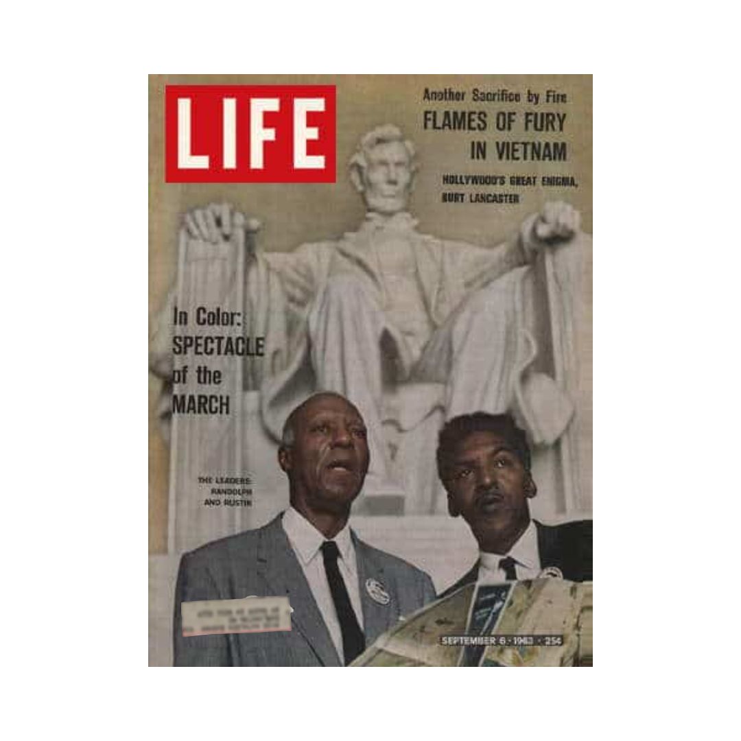 Cover of VTG Life Magazine September 6, 1963, featuring civil rights leaders A. Philip Randolph and Bayard Rustin in front of the Lincoln Memorial, highlighting the historic Civil Rights March.