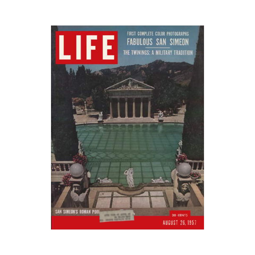 Cover of Vintage Life Magazine from August 26, 1957, featuring a stunning photograph of San Simeon's Roman Pool at Hearst Mansion, showcasing intricate architecture and lush surroundings, a prime example of mid-20th century American culture.
