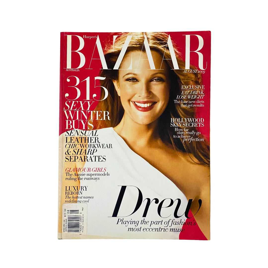 Cover of Harper's Bazaar Australia Magazine August 2009 featuring Drew Barrymore, highlighting 315 sexy winter buys and fashion insights.