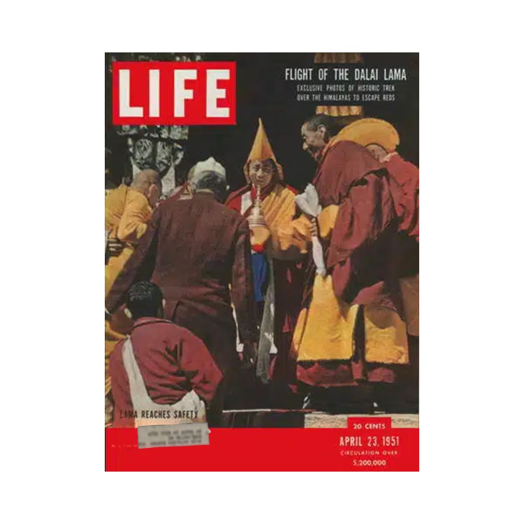 Cover of VTG Life Magazine dated April 23, 1951, featuring the title 'Flight of the Dalai Lama' with an image depicting Tibetan monks and the Dalai Lama, highlighting his escape over the Himalayas.