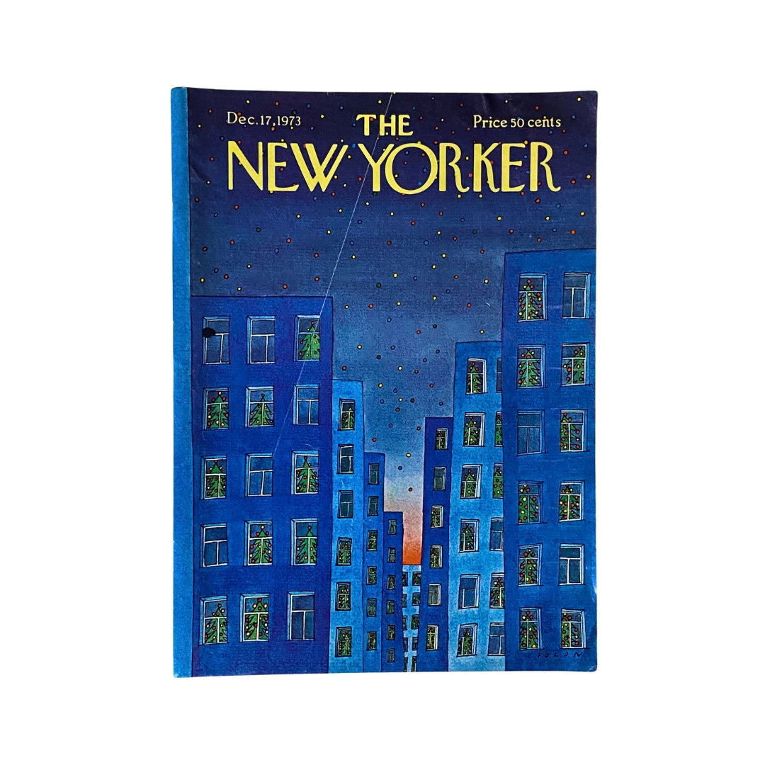 The New Yorker Complete Magazine December 17, 1973 featuring a vibrant Michel Folon cover with blue buildings and festive decorations.