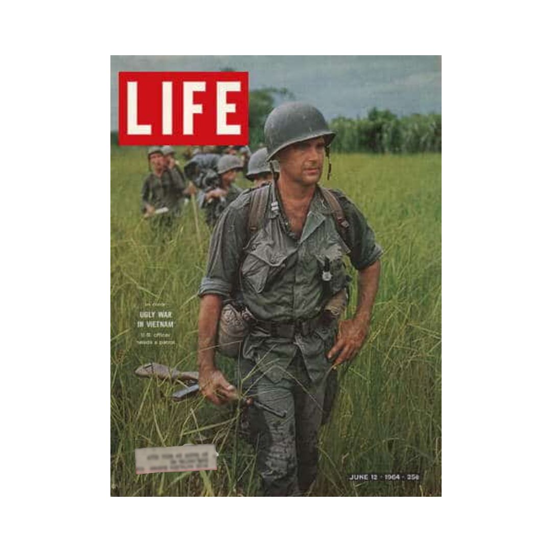Life Magazine cover from June 12, 1964, featuring the headline 'Ugly War in Vietnam' with soldiers in combat gear walking through tall grass.