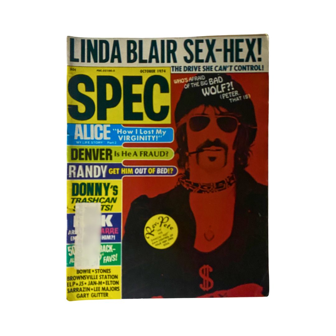Cover of VTG 16 SPEC Magazine from October 1974 featuring John Denver, Alice Cooper, and Linda Blair, showcasing the title 'SPEC' prominently at the top.