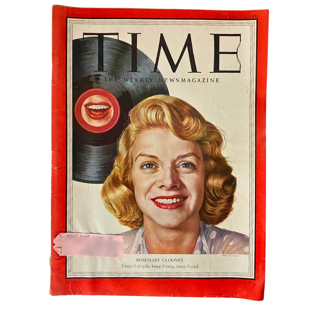 VTG Time Magazine February 23, 1953 Vol 61 No. 8 featuring Rosemary Clooney on the cover, showcasing a vibrant portrait with a record.