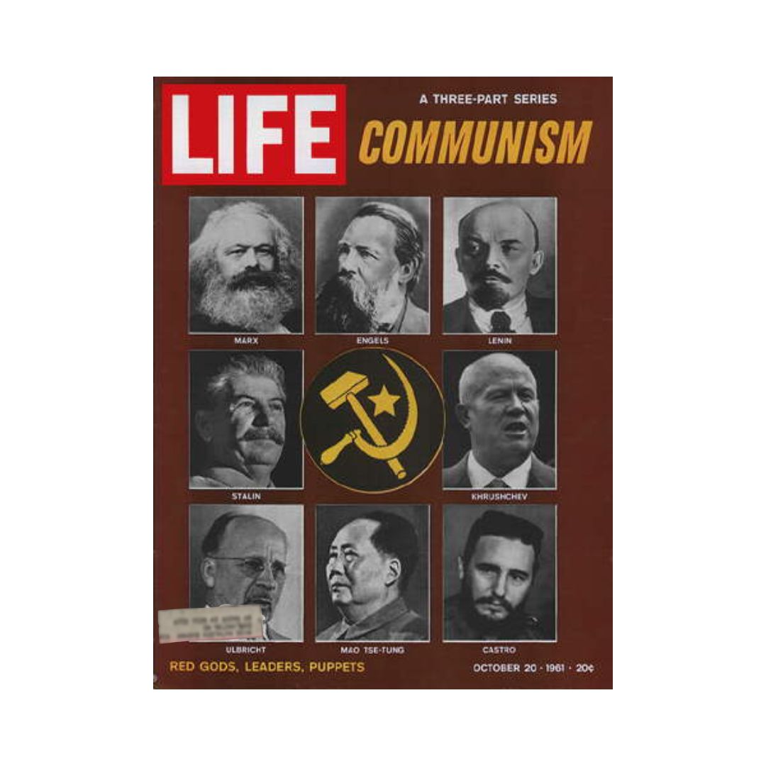 Cover of the October 20, 1961 issue of Life Magazine titled 'VTG Life Magazine October 20, 1961 Communism Red Gods, Leaders, Puppets', featuring prominent communist figures including Marx, Lenin, and Mao alongside the hammer and sickle symbol.
