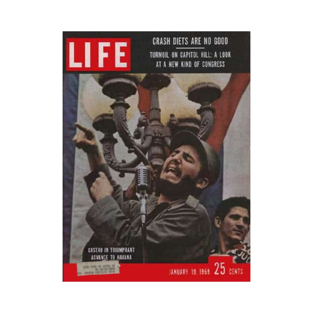 Cover of VTG Life Magazine January 19, 1959 featuring Fidel Castro during his advance to Havana, Cuba, with bold text about crash diets and political turmoil.