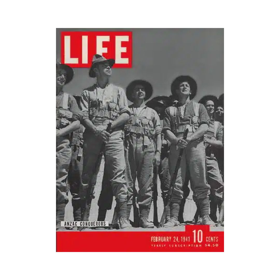 VTG Life Magazine cover from February 24, 1941, featuring the Anzac Conquerors, showcasing soldiers in uniforms against a gray backdrop.