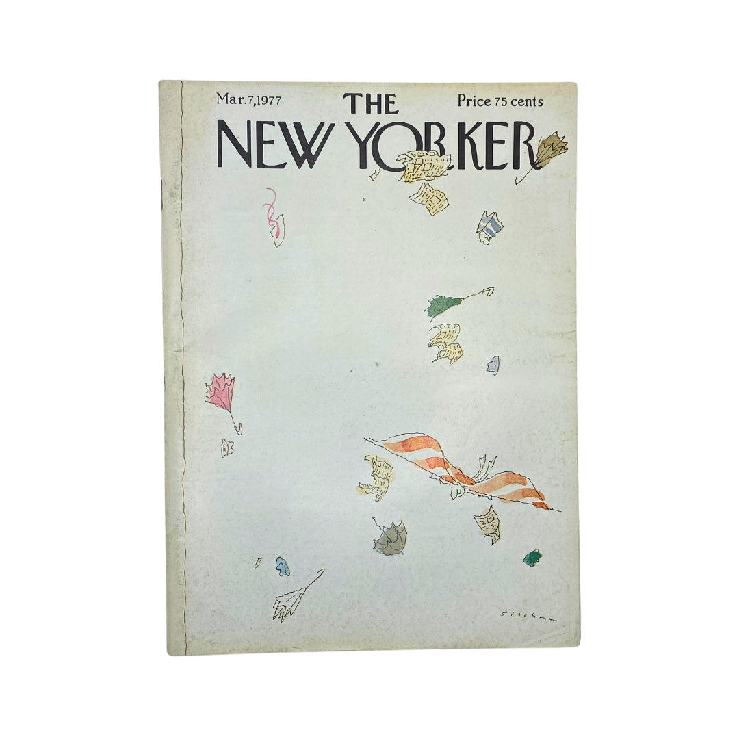 Cover of The New Yorker Complete Magazine March 7, 1977 featuring a design by R.O. Blechman, showcasing artistic elements like leaves and a ribbon.