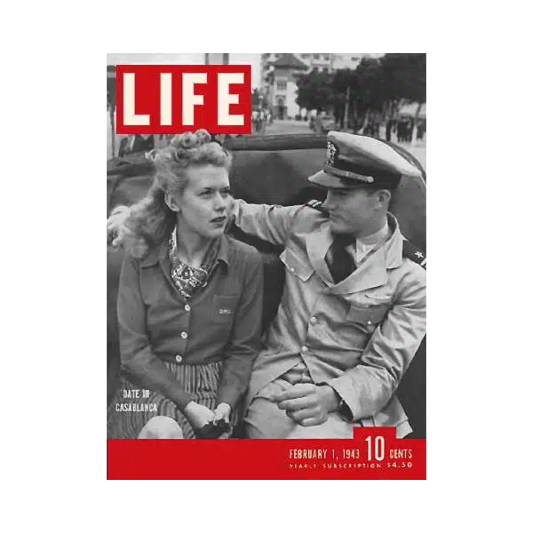 Cover of VTG Life Magazine February 1, 1943 featuring a couple in Casablanca with the title 'Date in Casablanca', highlighting the era of World War II.