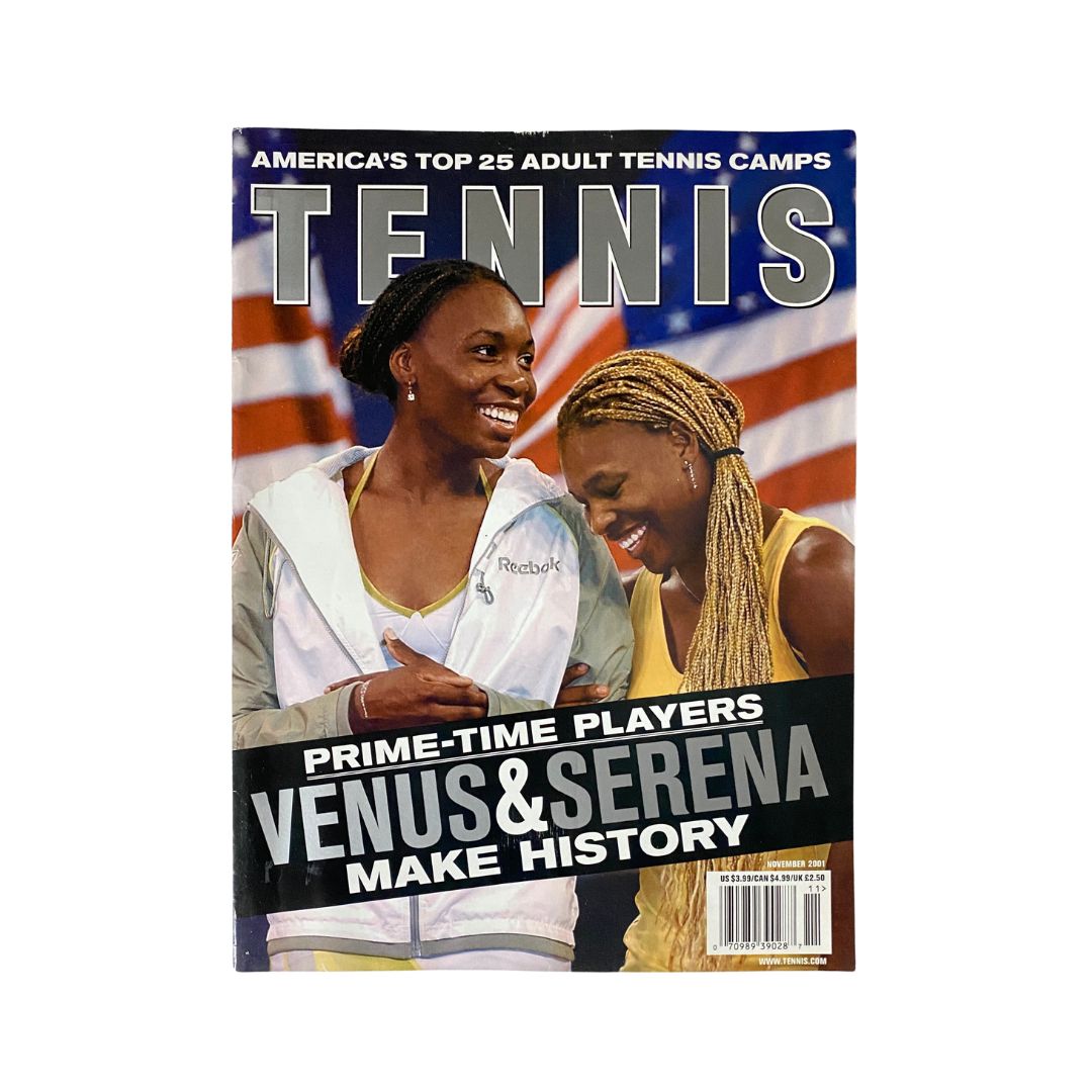 Tennis Magazine November 2001 featuring Venus & Serena Williams on the cover, showcasing the iconic tennis stars smiling in front of an American flag.