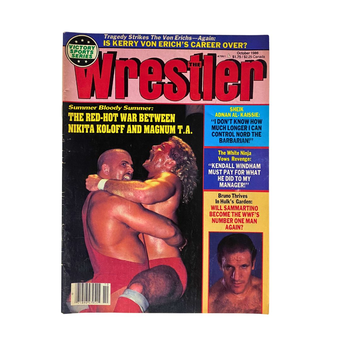 Cover of VTG The Wrestler Magazine October 1986 featuring Nikita Koloff and Magnum T.A. with dramatic wresting imagery.