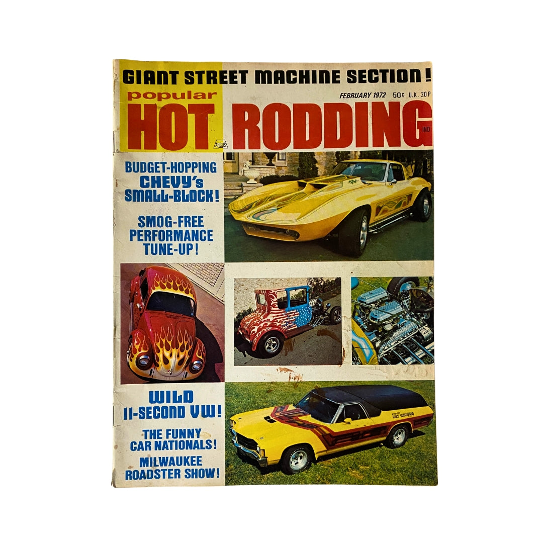 Cover of VTG Popular Hot Rodding Magazine February 1972 featuring the Wild II-Second VW and classic street machines.