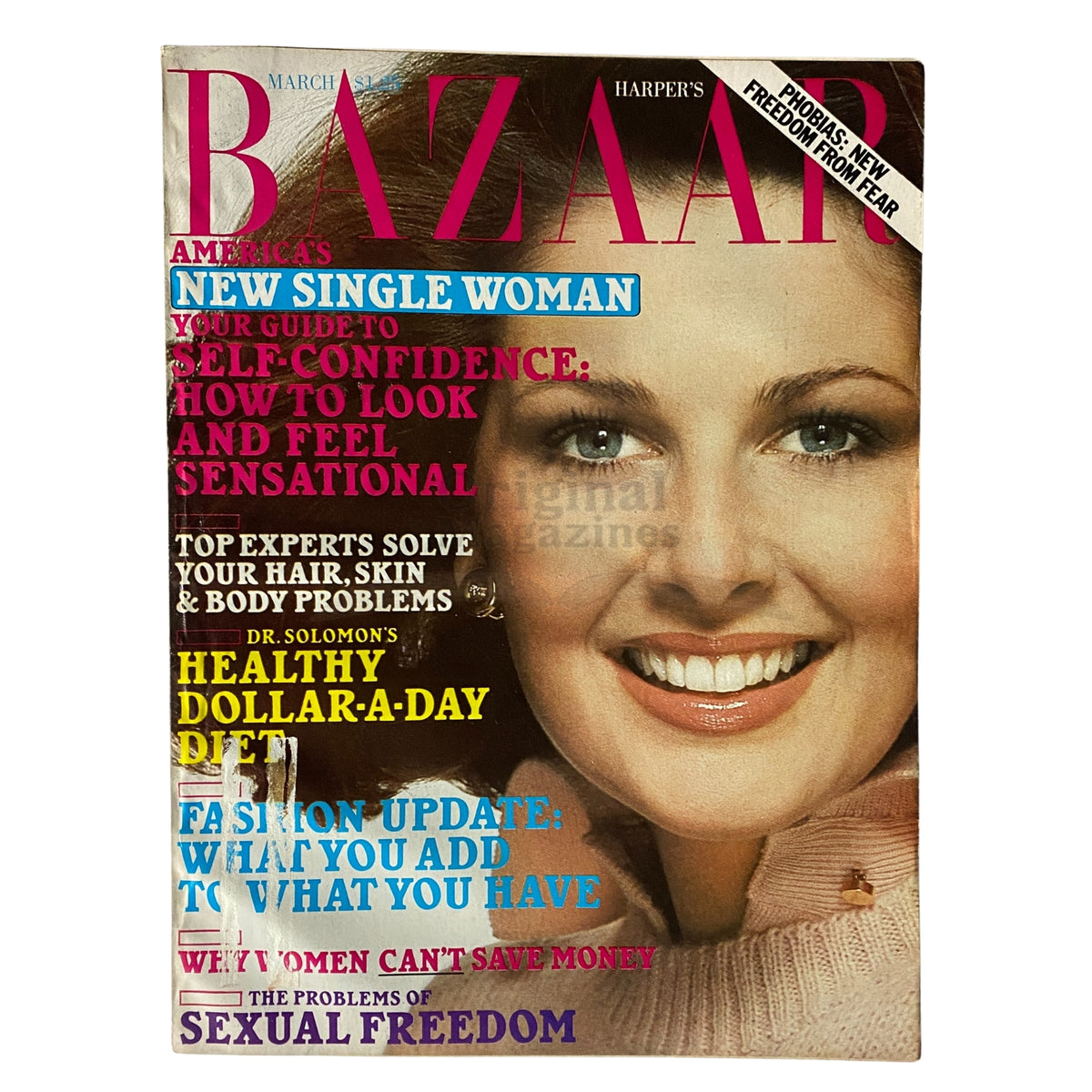 Cover of Harper's Bazaar Magazine March 1977 featuring Cristina Ferrare, highlighting fashion trends, beauty tips, and self-confidence guidance for women.